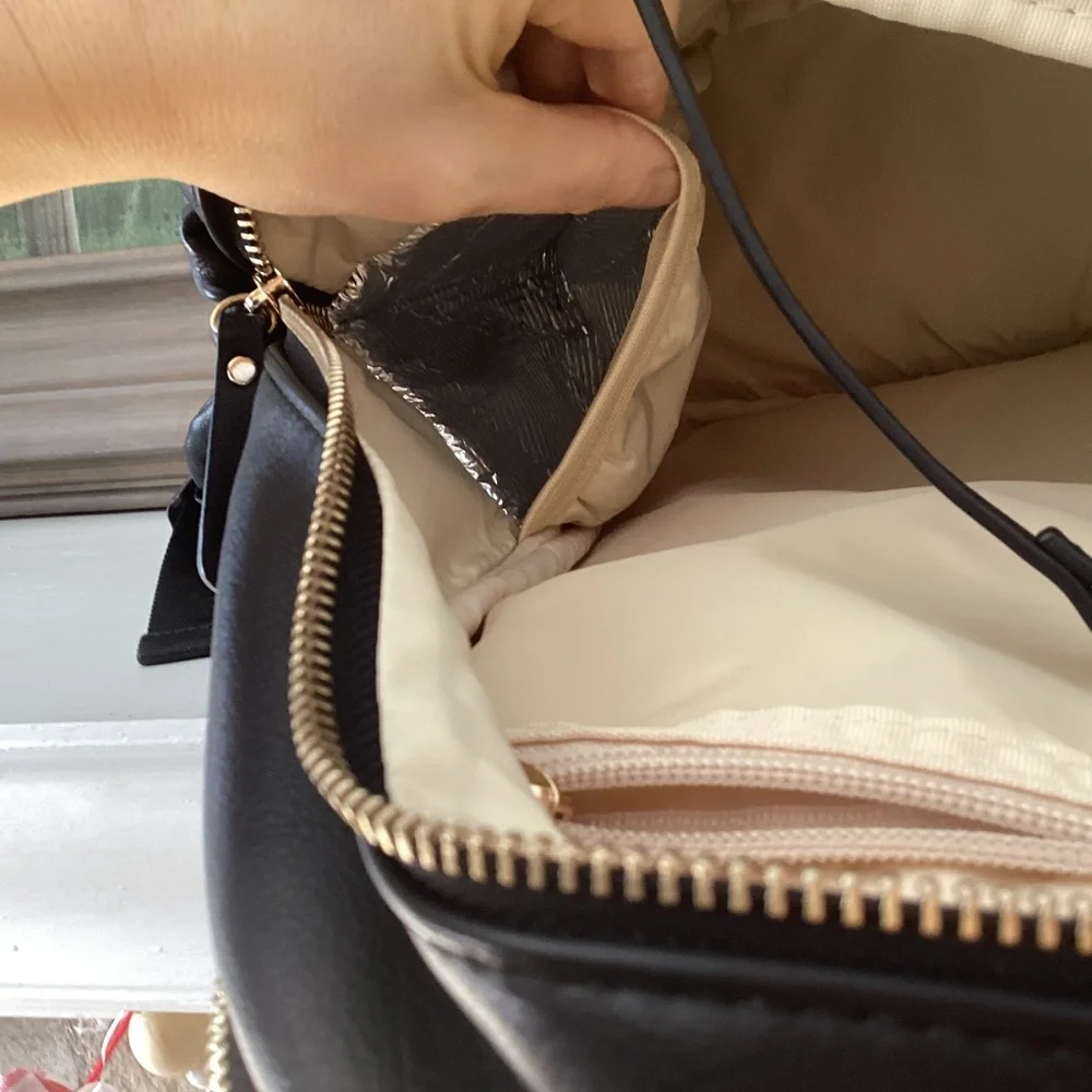 miss fong Diaper Bag Backpack Black Soft Faux Leather Unisex 16 Pockets Modern